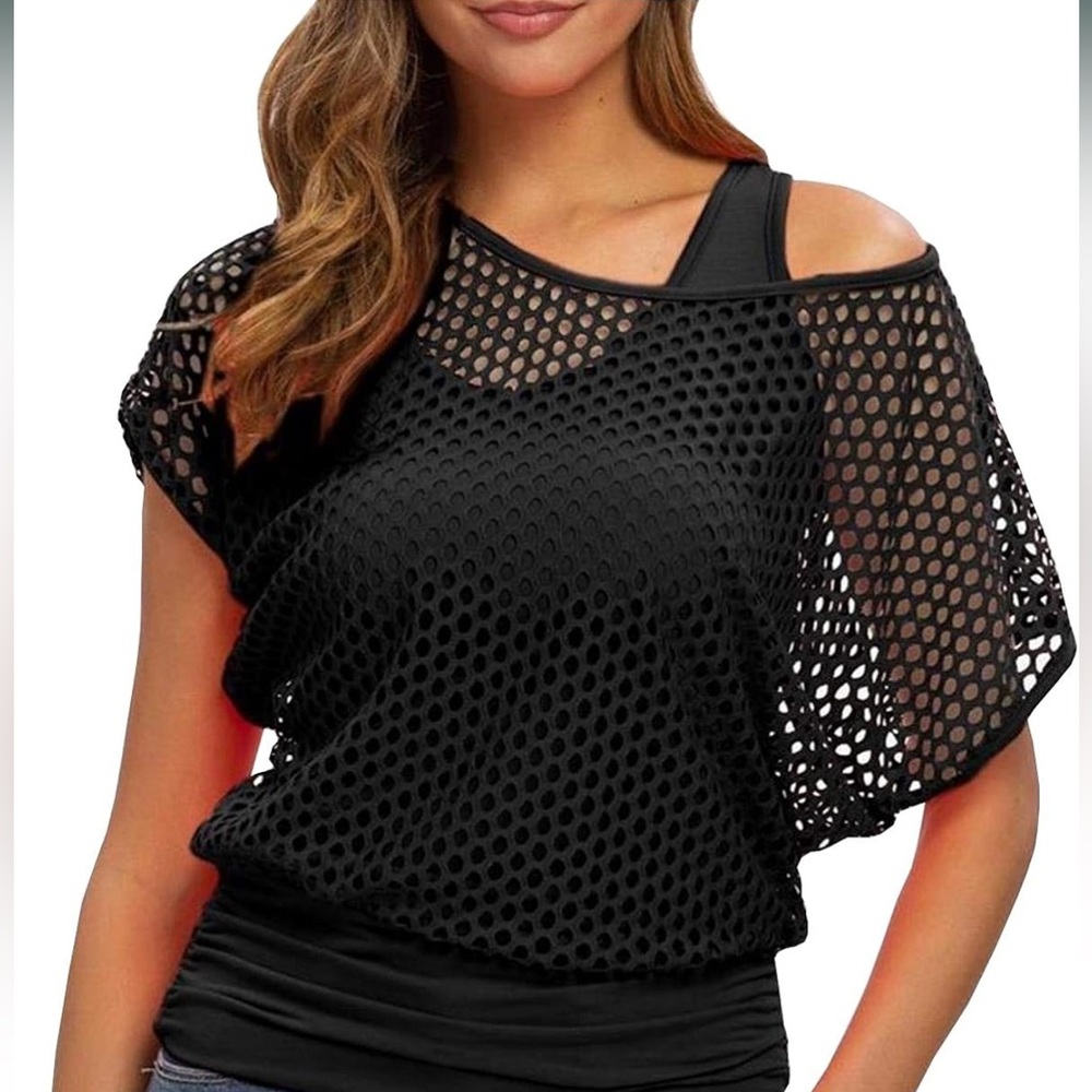 Women’s Black Off Shoulder Fishnet Top XL